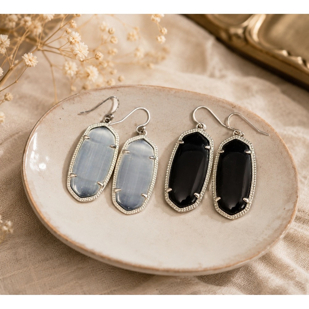 Kendra Scott Elisa Drop Earrings Gold Tone‎ Gray & Black Stone Set 2 Pairs